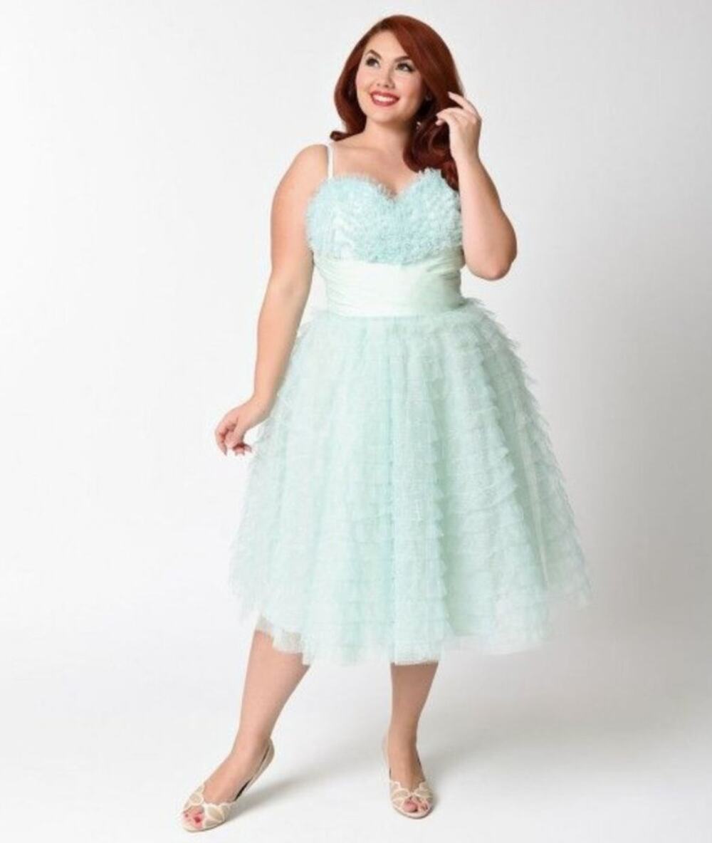 Unique Vintage 1950s Tulle Ruffles Cupcake Swing Dress Mint Green Size XL $178